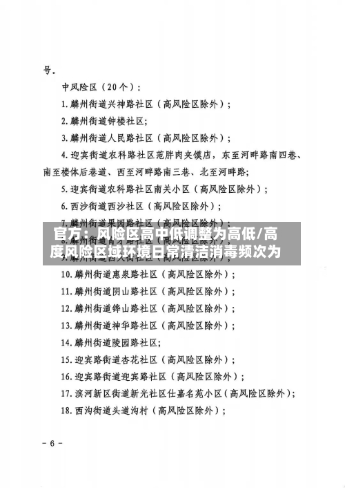 官方：风险区高中低调整为高低/高度风险区域环境日常清洁消毒频次为-第2张图片