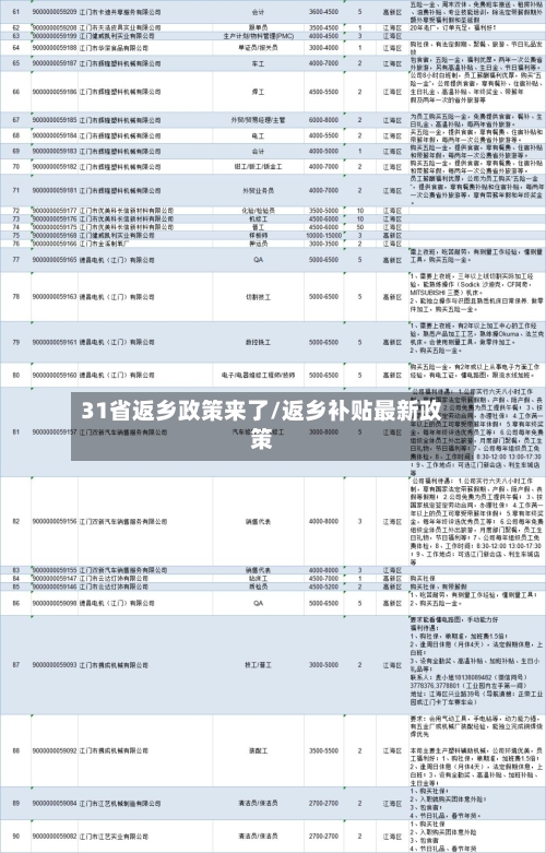 31省返乡政策来了/返乡补贴最新政策